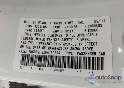 2015 Honda Accord Ex-L from USA, damaged, VIN 1HGCR2F82FA190206